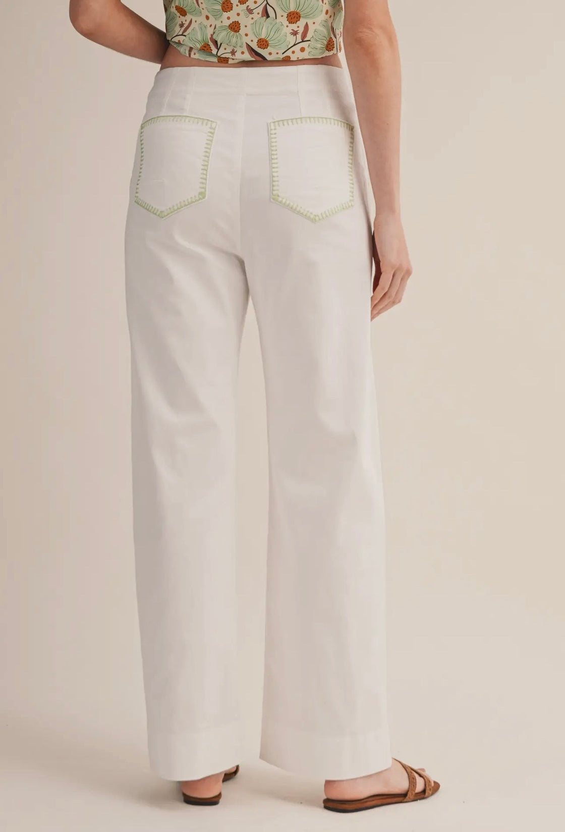 OFF White High Waist Wide Leg Pants with Green Contrast
Stitching