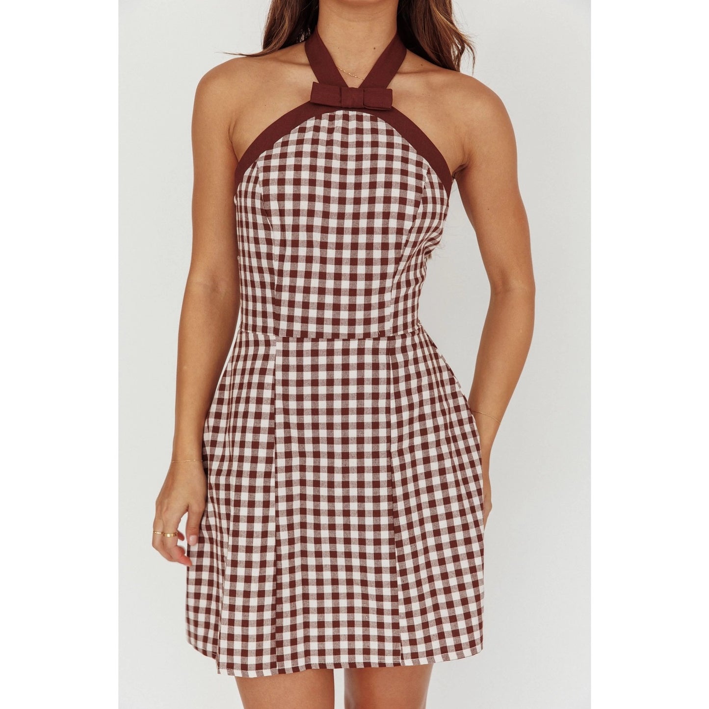 The "Camille" Tailgate Dress – Gingham Halter Mini in Brown & White