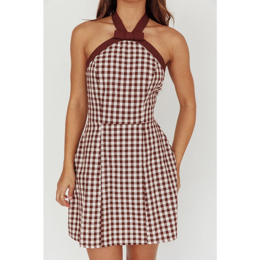 The "Camille" Tailgate Dress – Gingham Halter Mini in Brown & White