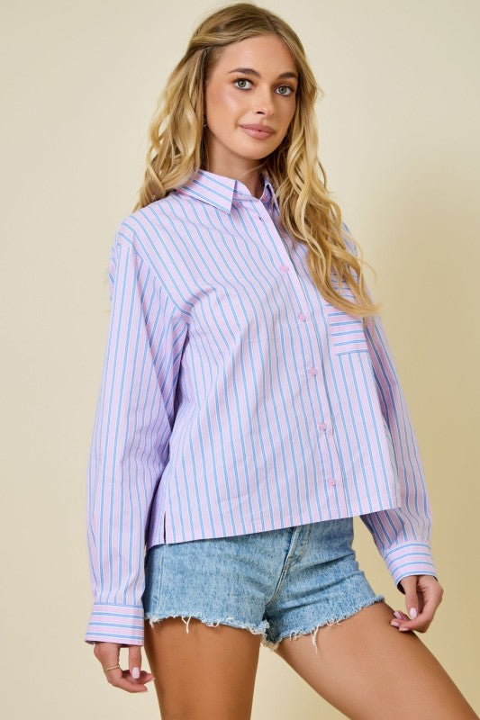 Pink/Blue Stripe Button Down Collared Shirt Top W/ Pocket