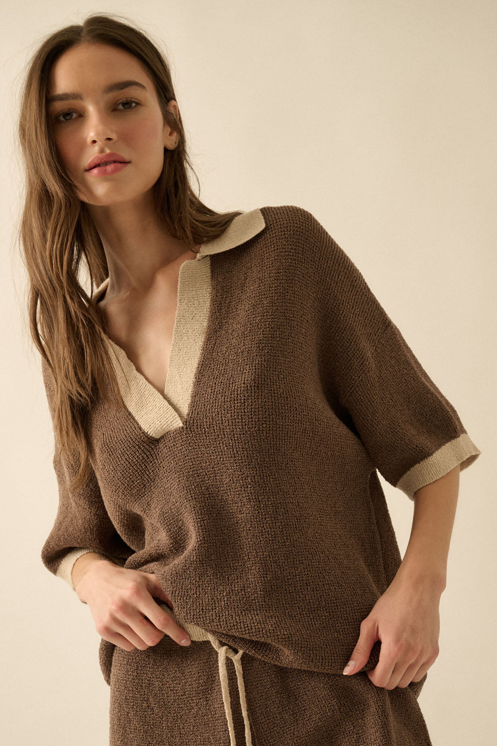 Solid Knit Contrast Polo Sweater and Wide Leg Sweater Shorts Set