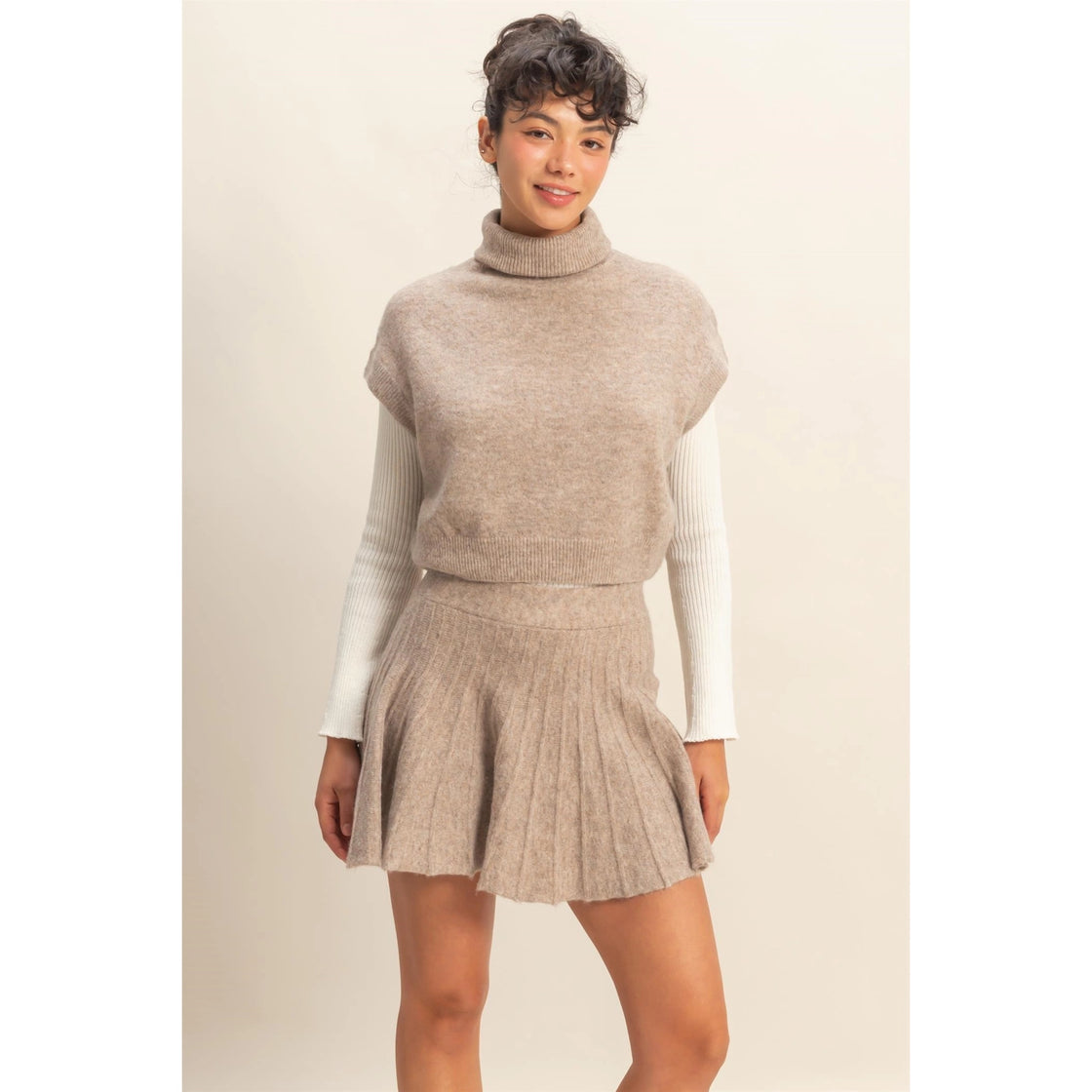 Turtleneck Top and Pleated Skirt Set