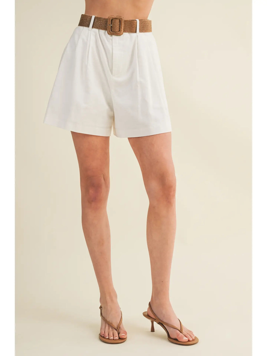 White Woven Belt High Rise Pleated Shorts