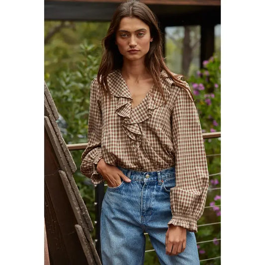 Woven Cotton Gingham Ruffled Blouse