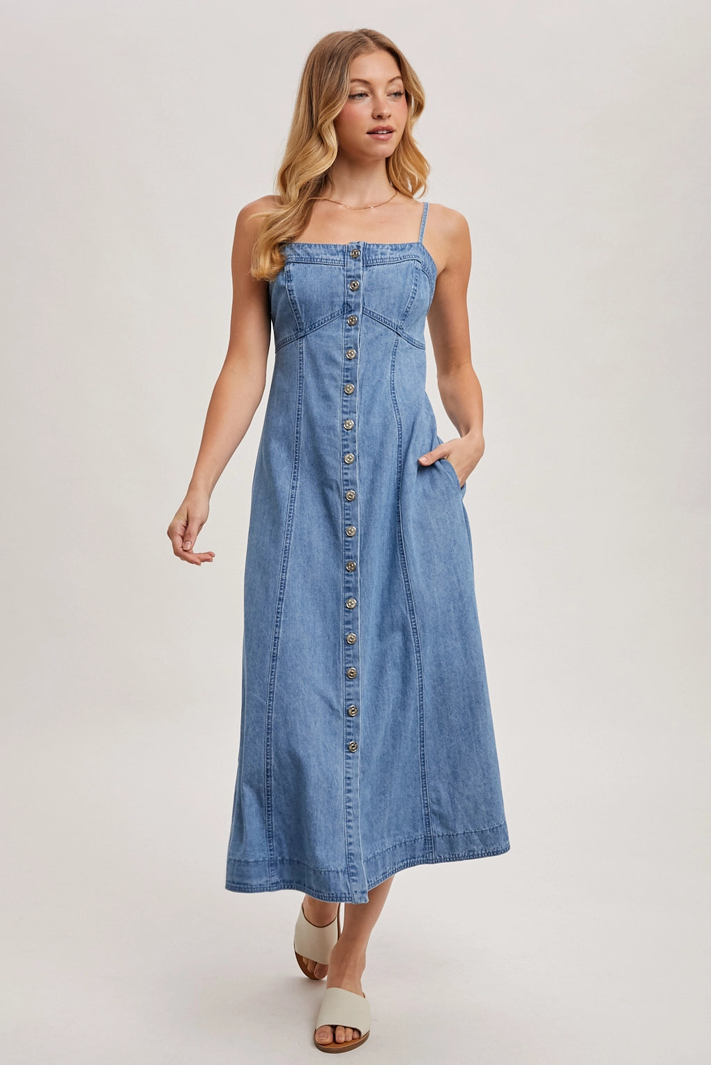 The Cassie Button Down Jean Midi Dress