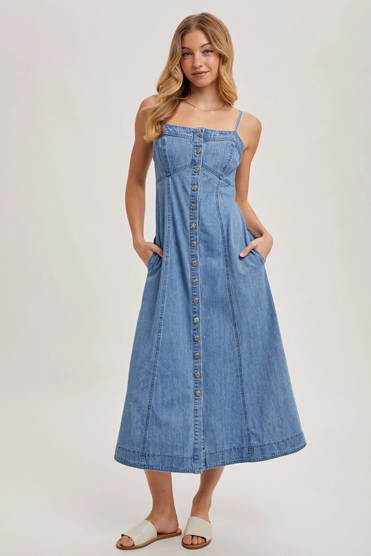 The Cassie Button Down Blue Jean Midi Dress