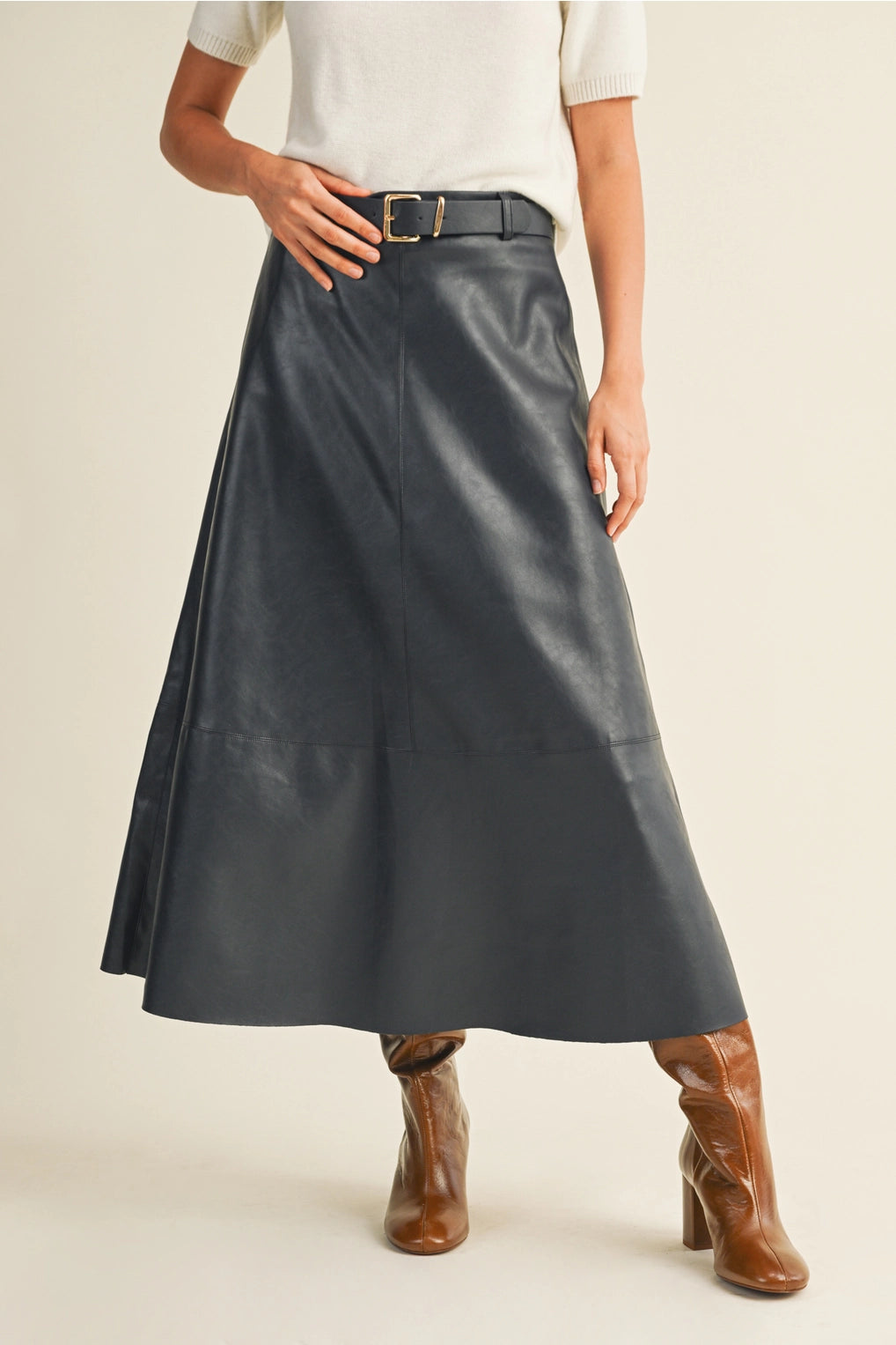 Belted Flare Cut Edge Skirt