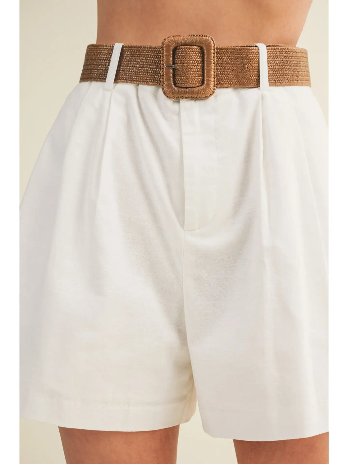 White Woven Belt High Rise Pleated Shorts