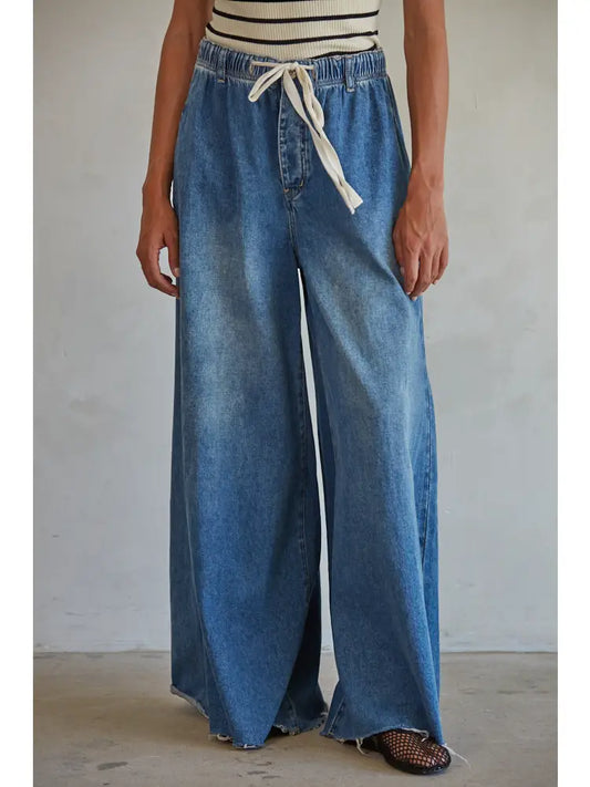 Denim Drawstring Waist Band Wide Leg Pants