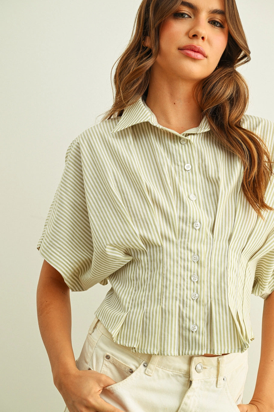 Sage Stripe Button Front Shirts with Pleated Waist Detail