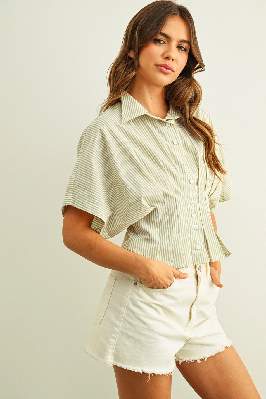 Sage Stripe Button Front Shirts with Pleated Waist Detail