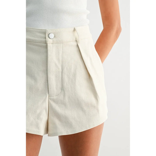 High-Waisted Pleated Ivory Tailored Cotton Shorts