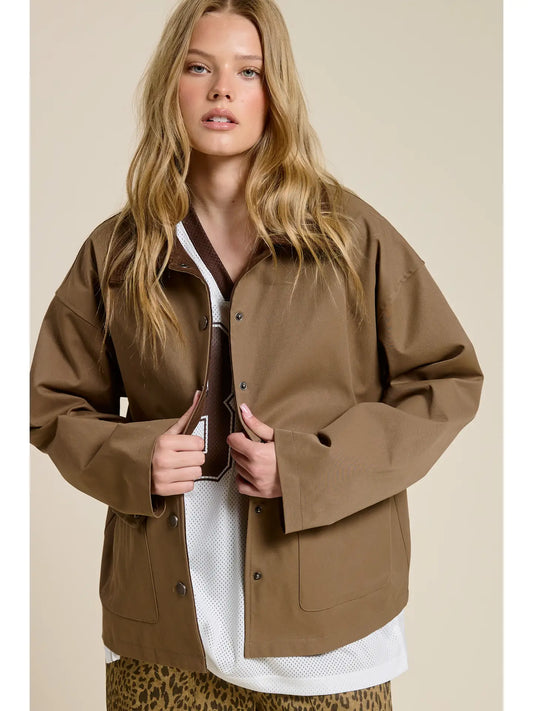 Barn Jacket with Corduroy Collar and Snap Pockets