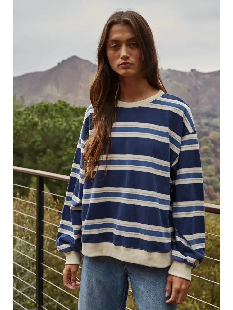 Knit Cotton Striped Crew Neck Long Sleeve Top