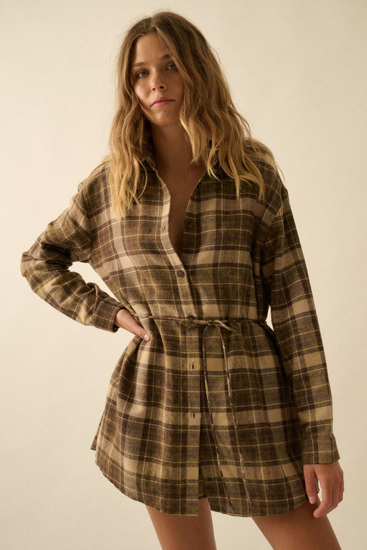 Plaid Flannel Button-up Belted Shirt Romper